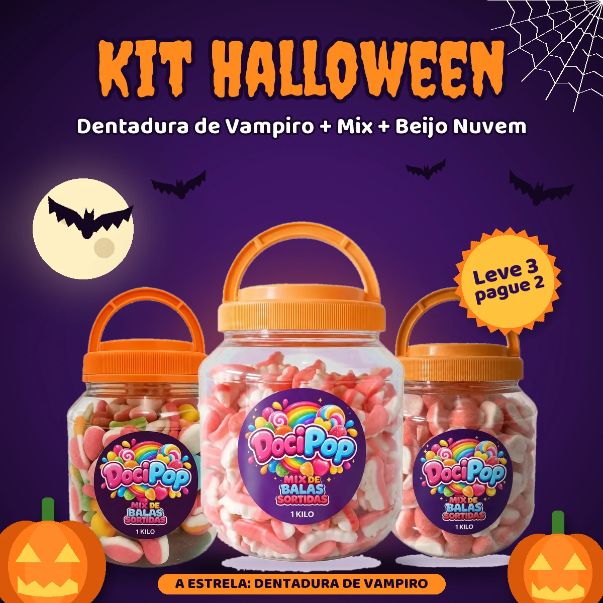 Kit Halloween: Dentadura de Vampiro, Mix Sortido e Beijo Nuvem GumiPop