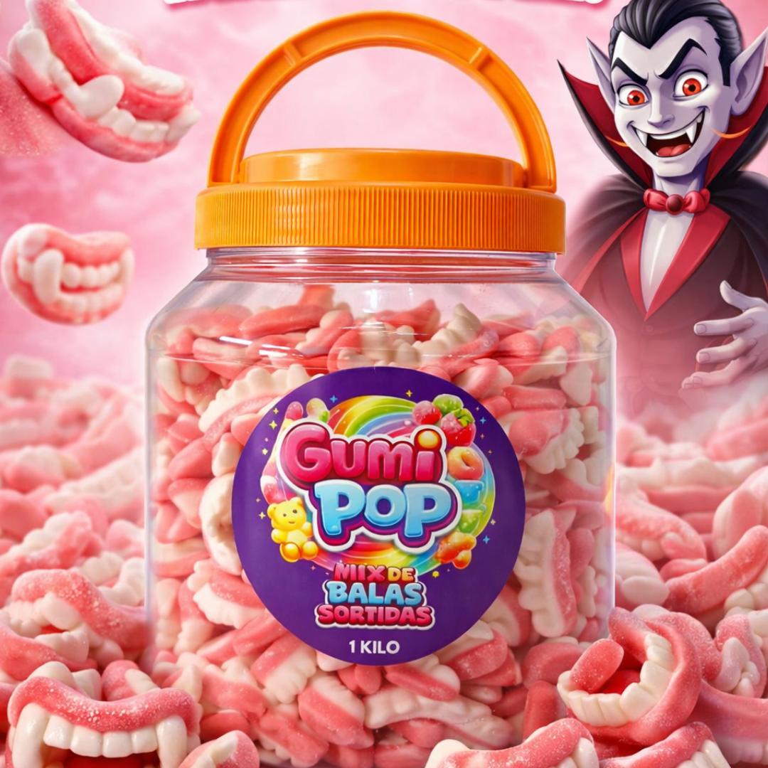 Balas de Gelatina Dentadura de Vampiro GumiPop em Pote